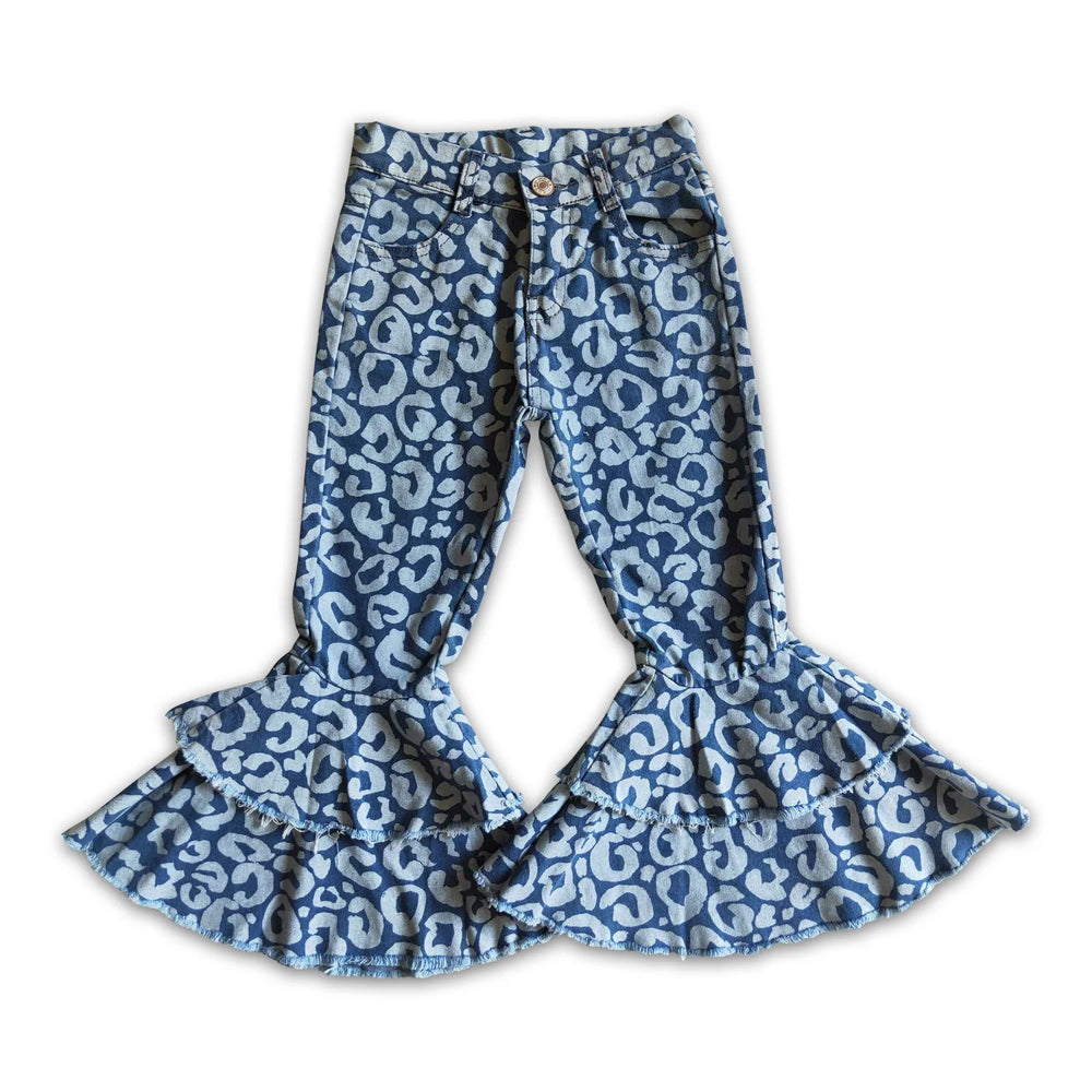 RTS NO MOQ Sibling Denim Baby Girls Leopard Print Double Ruffle Bell Bottom Denim Pants