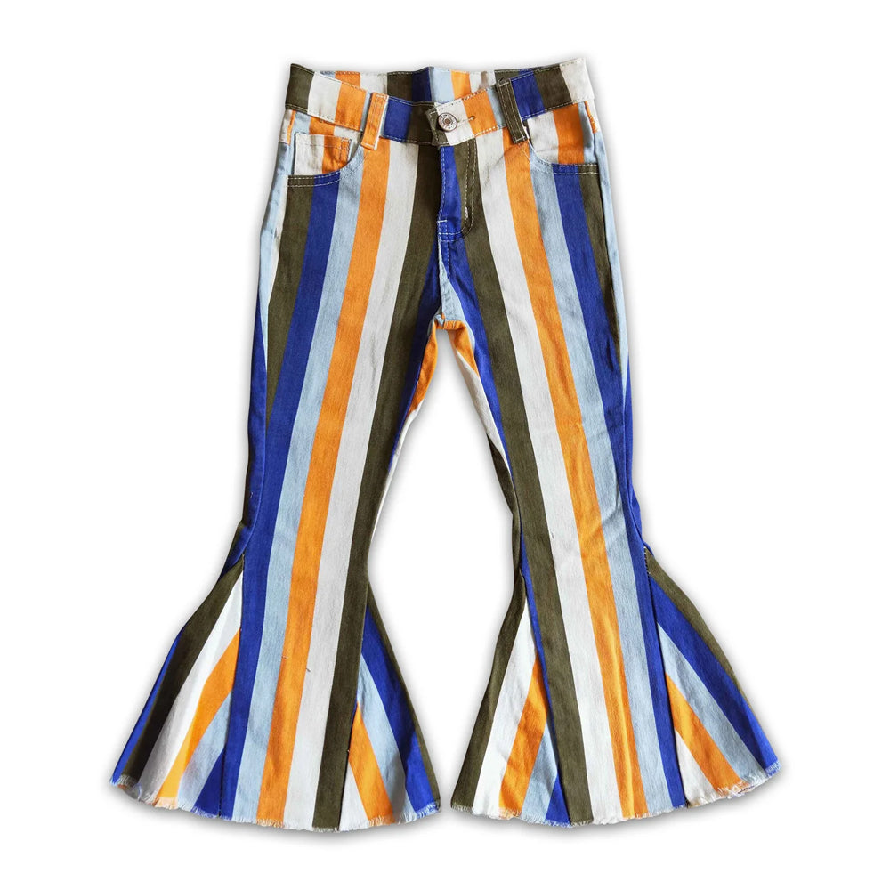 RTS NO MOQ Sibling Denim Baby Girls Stripe Bell Bottom Denim Pants