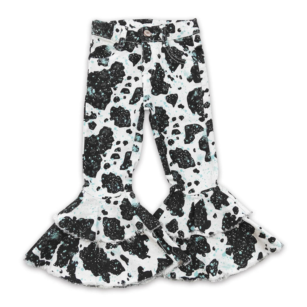 RTS NO MOQ Sibling Denim Baby Girls Cow Print Ruffle Bell Bottom Flare Denim Pants