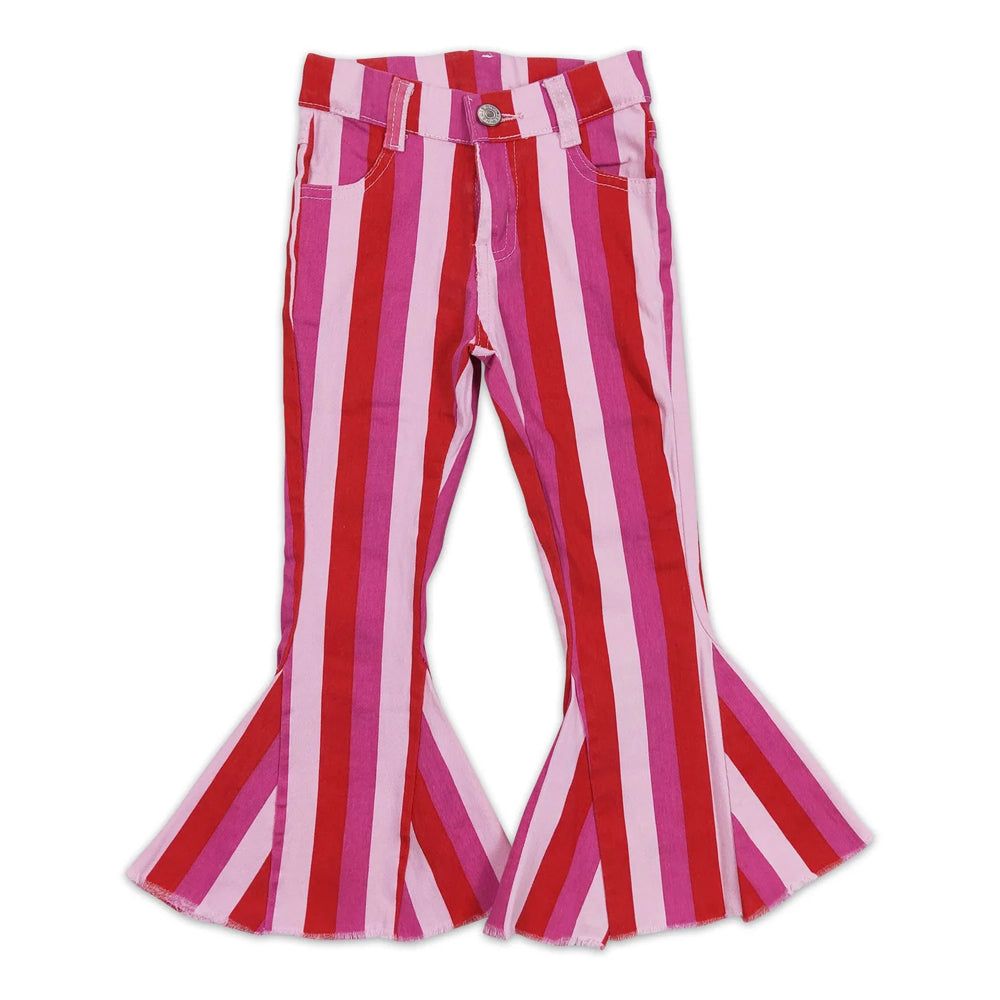 RTS NO MOQ Sibling Denim Baby Girls Stripe Bell Bottom Denim Pants