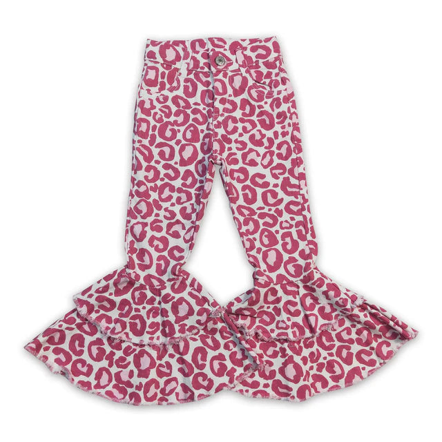 RTS NO MOQ Sibling milk silk  Baby Girls Leopard Camo Bell Bottom Denim Pants Jeans