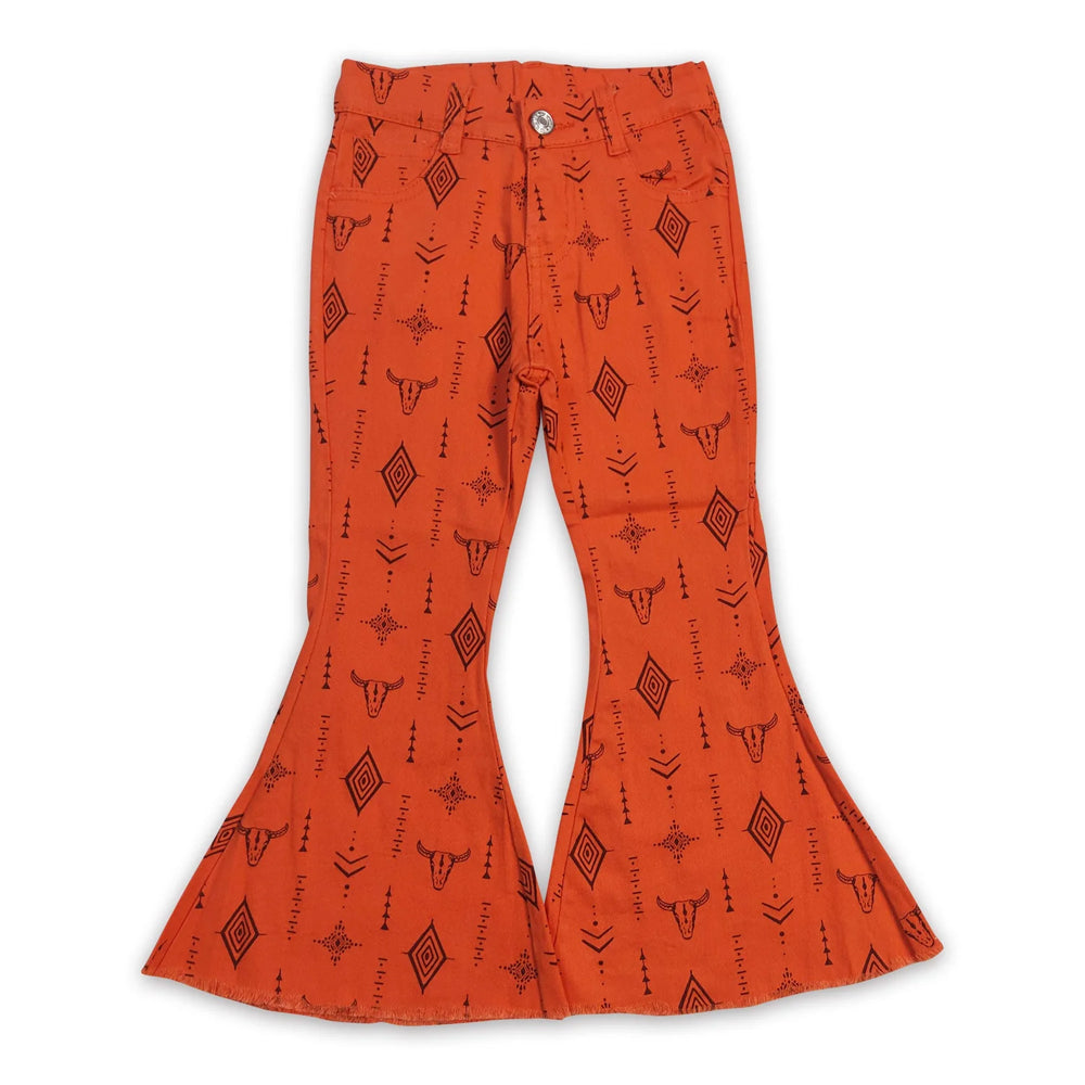 RTS NO MOQ Sibling Denim Baby Girls Western Casual Cowboy Print Bell Bottom Flare Pants