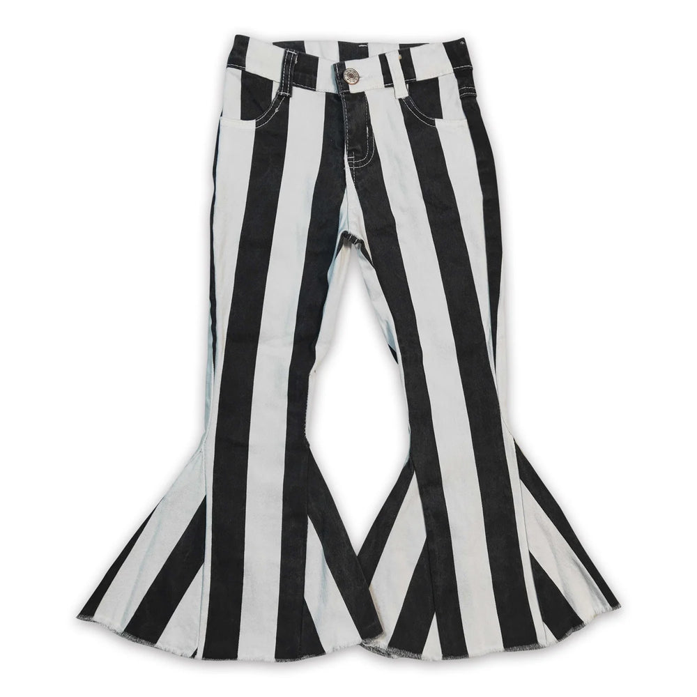 RTS NO MOQ Sibling Denim Baby Girls Stripe Bell Bottom Denim Pants