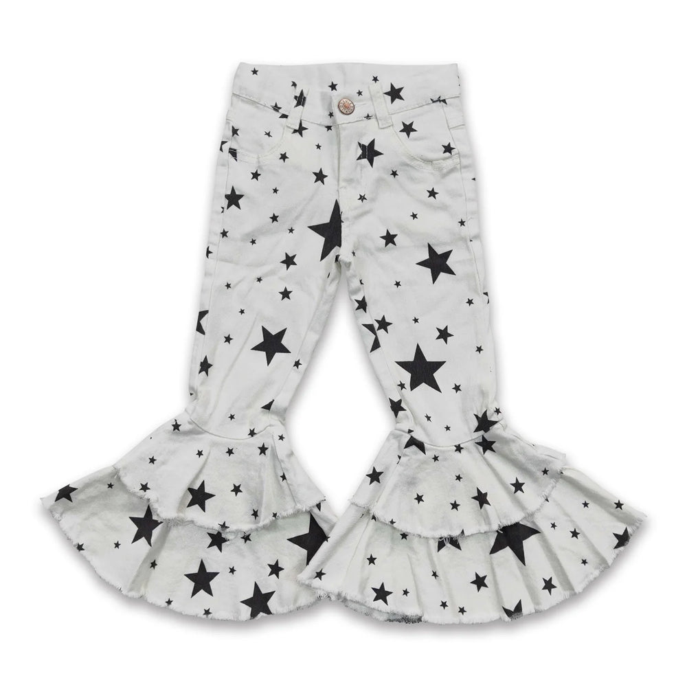RTS NO MOQ Sibling Denim Baby Girls Cow Print Ruffle Bell Bottom Flare Denim Pants