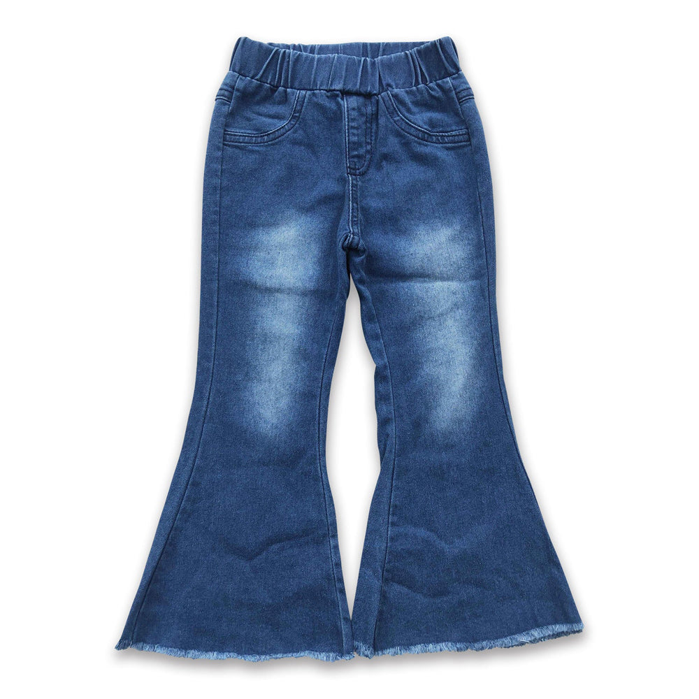 RTS NO MOQ Sibling Denim Baby Girls Denim Bell Bottoms Elastic Waist And Button Fly Flared Jeans