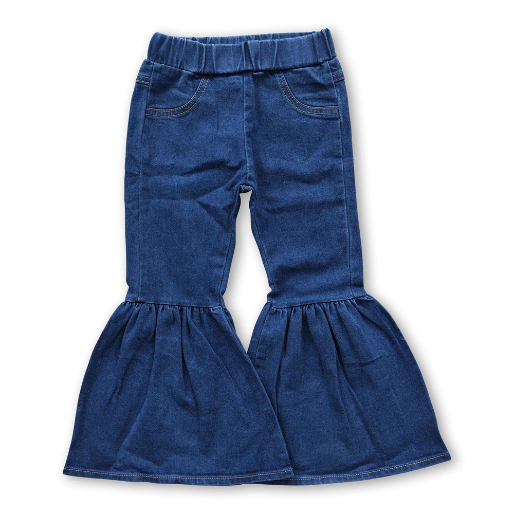 RTS NO MOQ Sibling Denim Baby Kids Ruffle Bell Bottom Jeans Denim Flared Trousers
