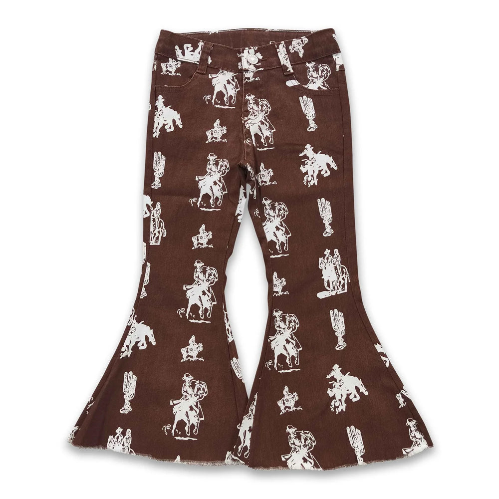 RTS NO MOQ Sibling Denim Baby Girls Western Casual Cowboy Print Bell Bottom Flare Pants