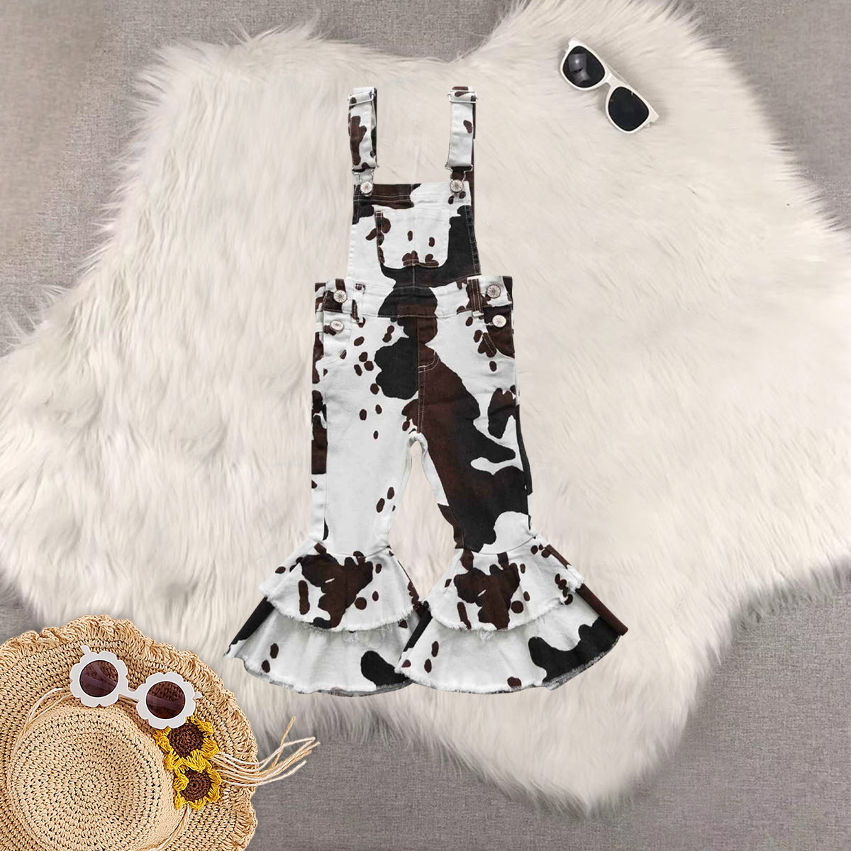 RTS NO MOQ Sibling baby girl clothes cow print camouflage denim overbell