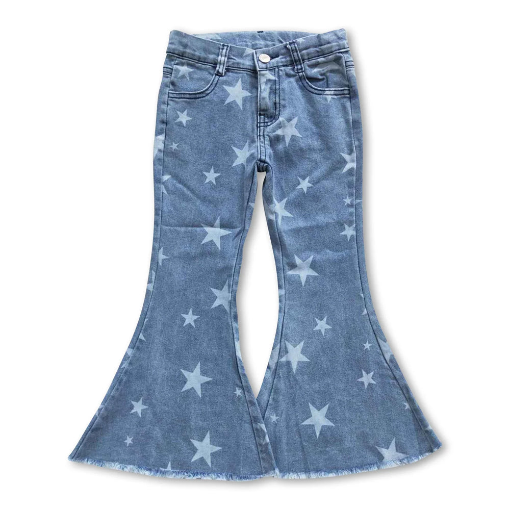 RTS NO MOQ Sibling Denim Baby Girls Heart And Star Print Denim Bell Bottom Flare Pants