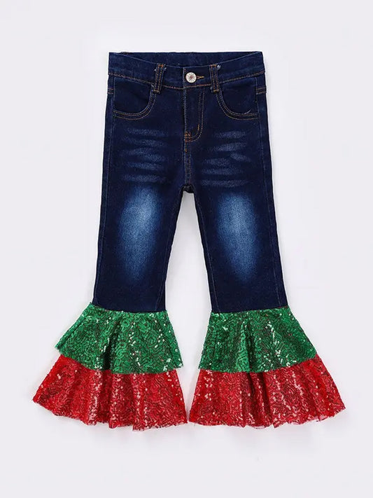 rts no moq P0113 Red green sequined denim trousers