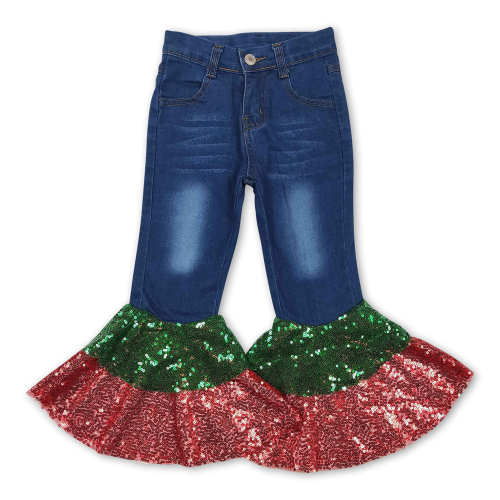RTS NO MOQ Sibling Denim Baby Girls Denim Bell Bottom Jeans Colorful Sequin Patch Flare Hem