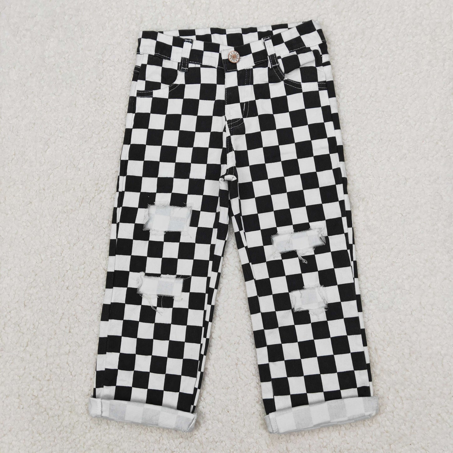 RTS NO MOQ ETA 5/7days arrived P0122 Black and white plaid ripped denim trousers
