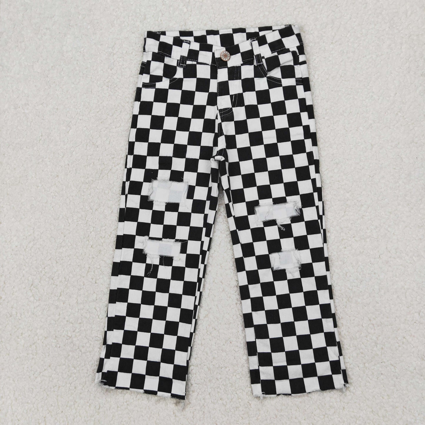 RTS NO MOQ ETA 5/7days arrived P0122 Black and white plaid ripped denim trousers