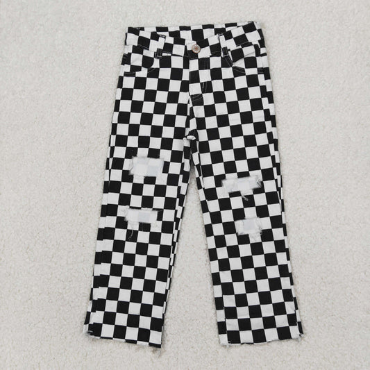 RTS NO MOQ ETA 5/7days arrived P0122 Black and white plaid ripped denim trousers