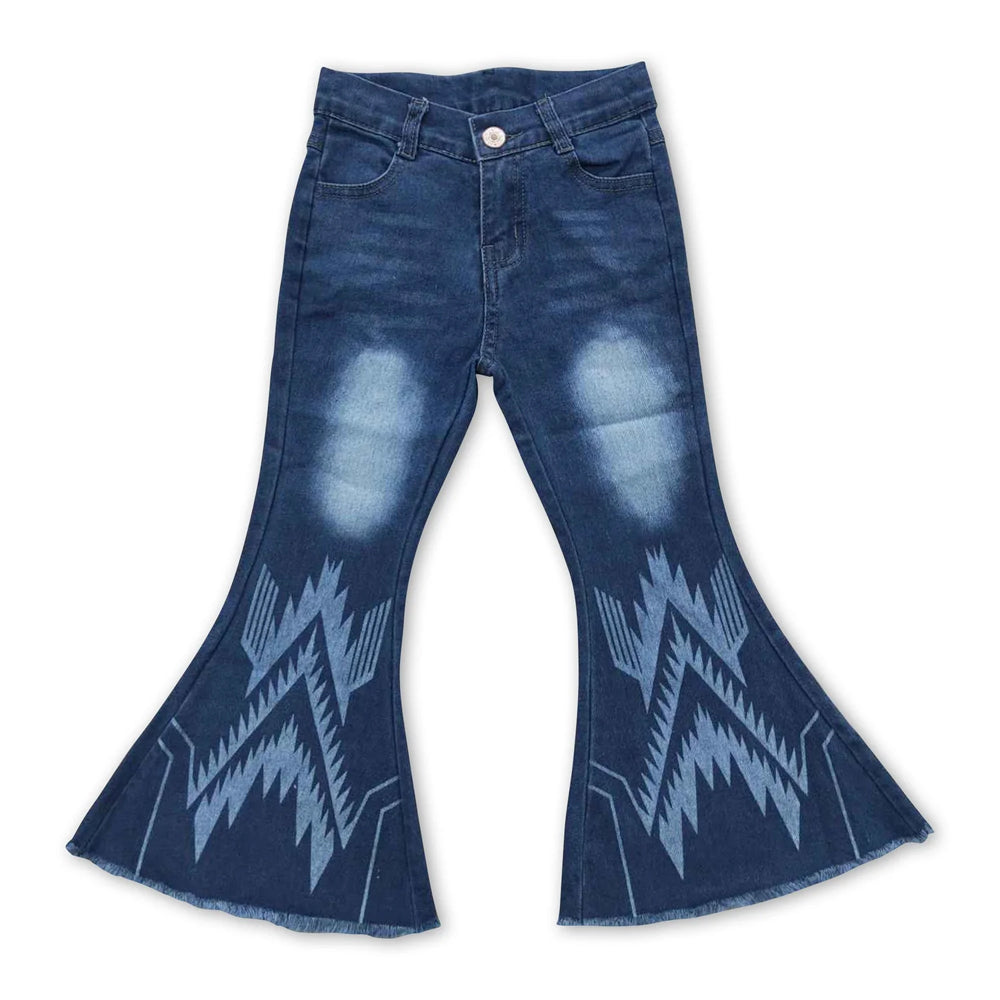 RTS NO MOQ Sibling Denim Baby Girls Western Print Bell Bottom Jeans Flare Denim Pants