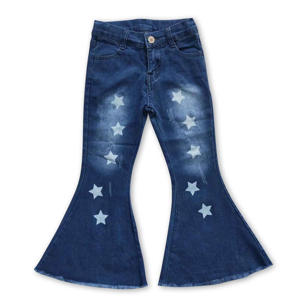 RTS NO MOQ Sibling Denim Baby Girls Western Print Bell Bottom Jeans Flare Denim Pants