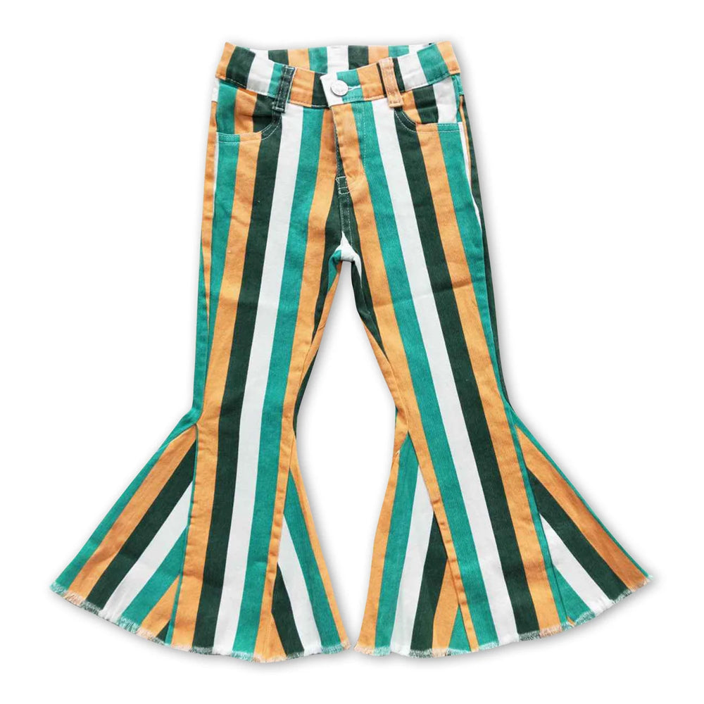 RTS NO MOQ Sibling Denim Baby Girls Stripe Casual Bell Bottom Denim Pants