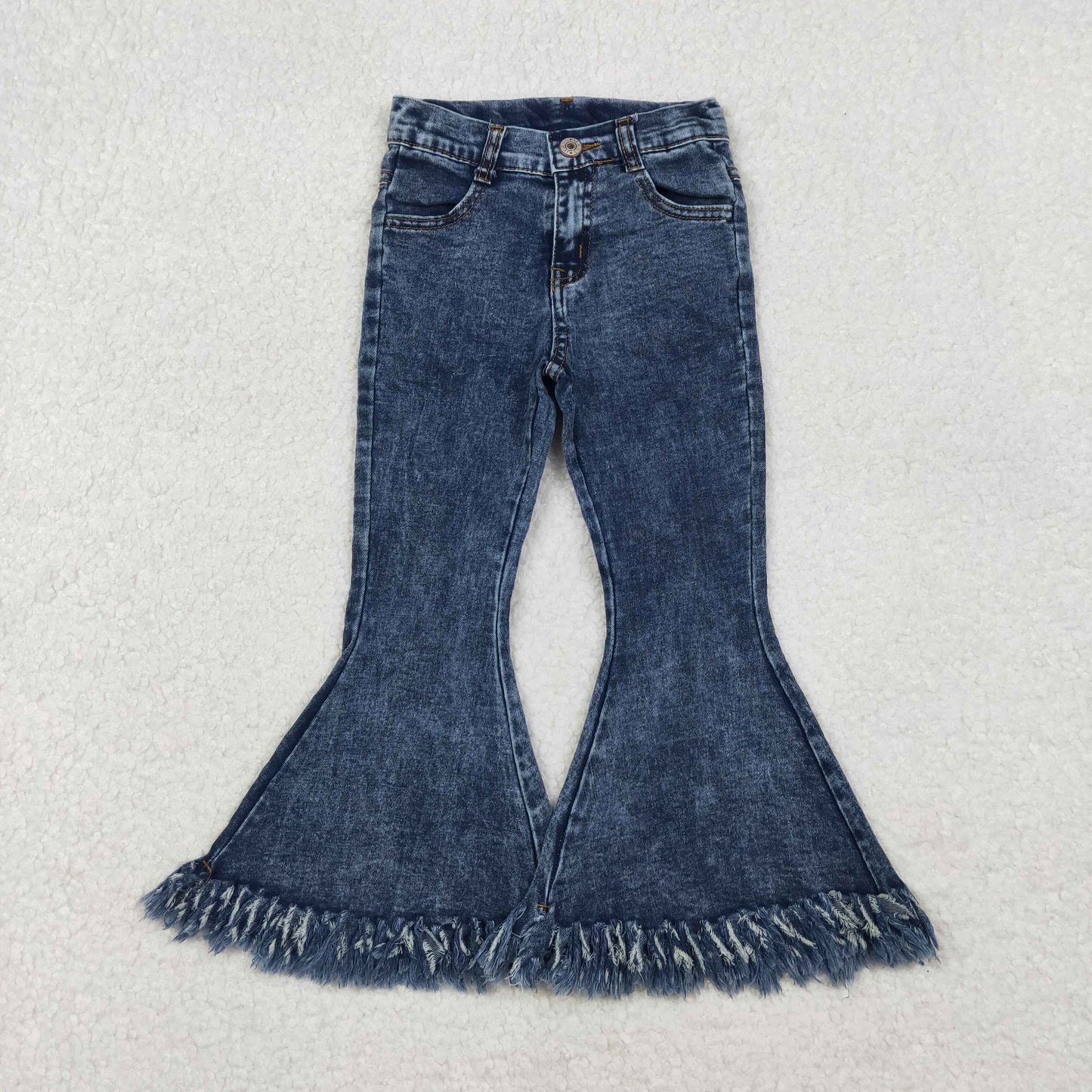 RTS NO MOQ GT0460+P0132 Baby Girls Blue Cotton Flutter Sleeve Tunic Tops Navy Tassel Denim Bell Pants