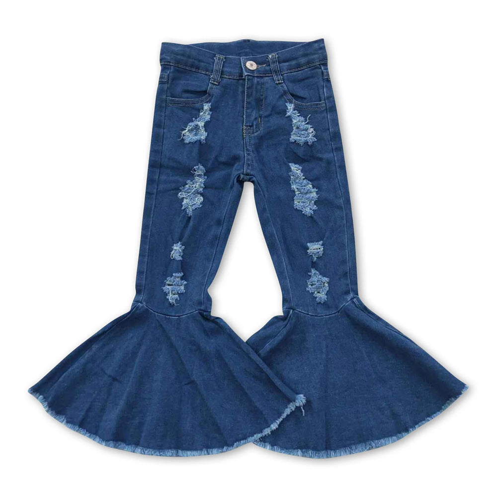 RTS NO MOQ Sibling Denim Baby Girls Denim Bell Bottoms Elastic Waist And Button Fly Flared Jeans