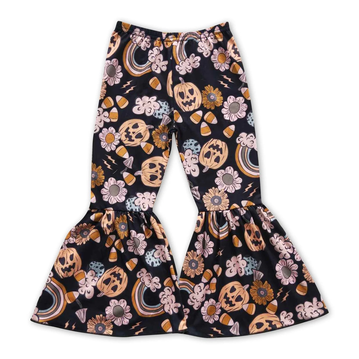 RTS NO MOQ Sibling milk silk Baby Girls Halloween Pumpkin Elastic Waist Bell Bottom Pants Daily Fall Outfit