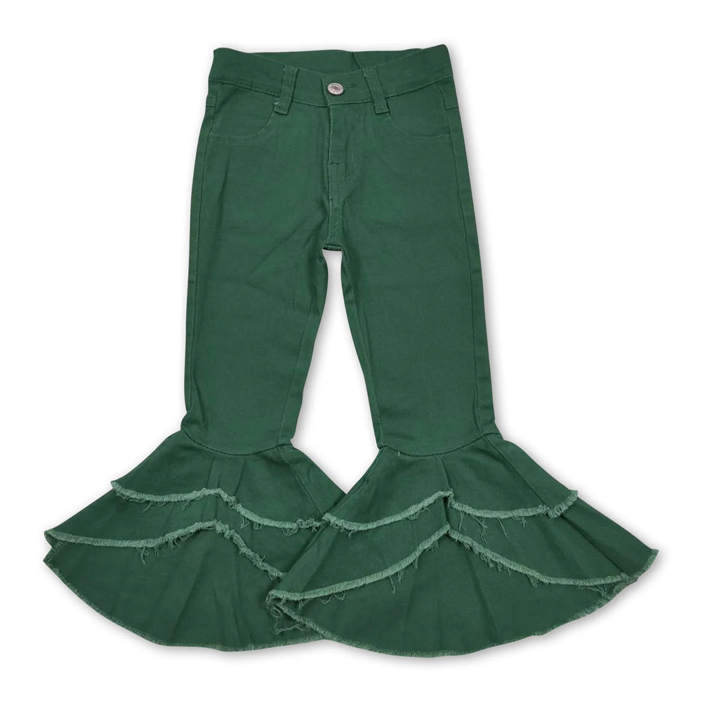 RTS NO MOQ Sibling Denim Baby Girls Solid Color Raw Edge Tiered Ruffle Bell Bottom Denim Pants