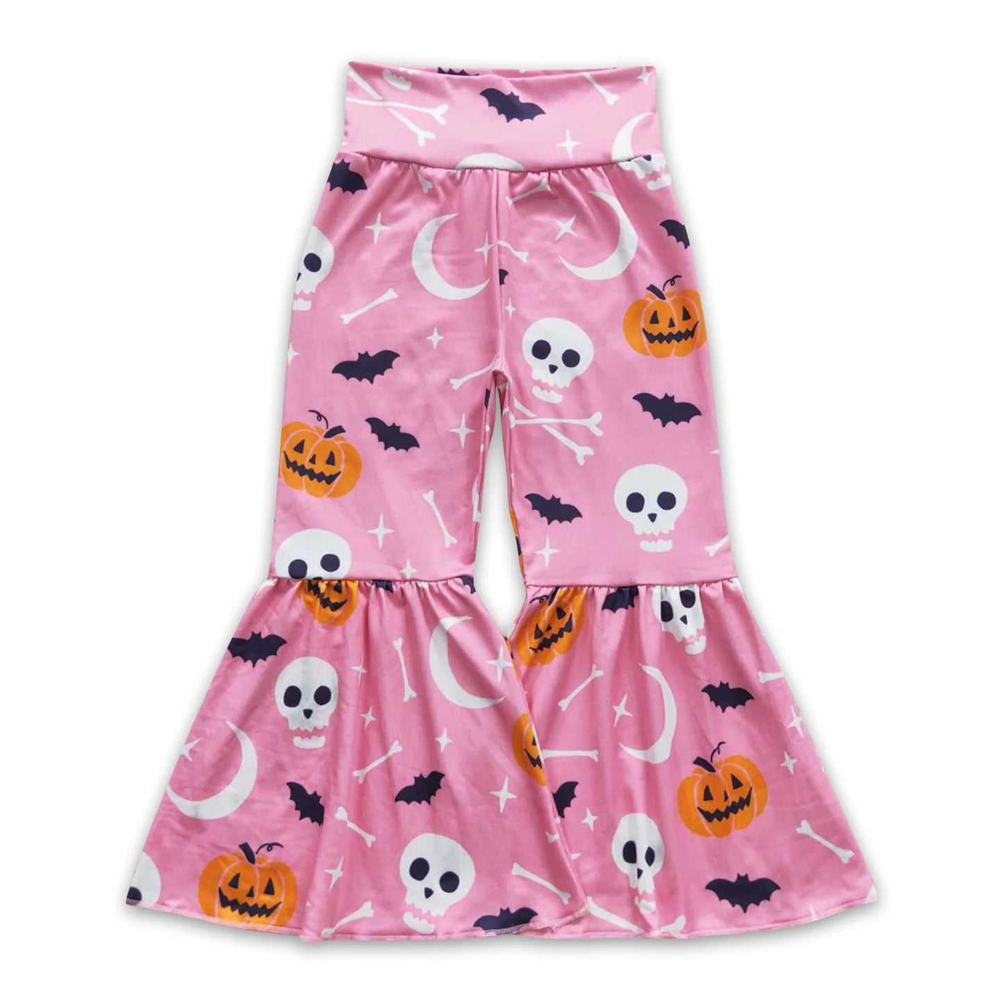 RTS NO MOQ Sibling milk silk Baby Girls Halloween Pumpkin Elastic Waist Bell Bottom Pants Daily Fall Outfit