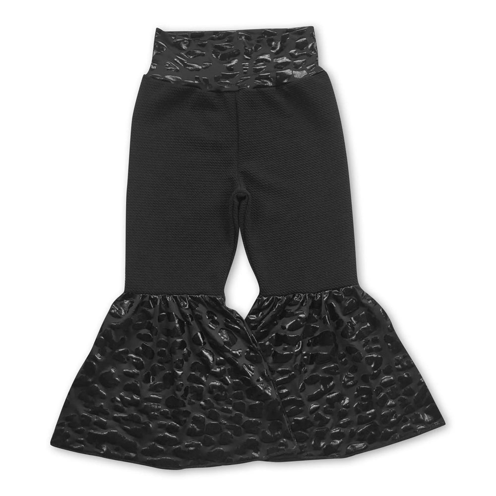 RTS NO MOQ Sibling cotton Baby Girls Solid Black Bell Bottom Flare Pants Elastic Waist Daily Casual Bottoms