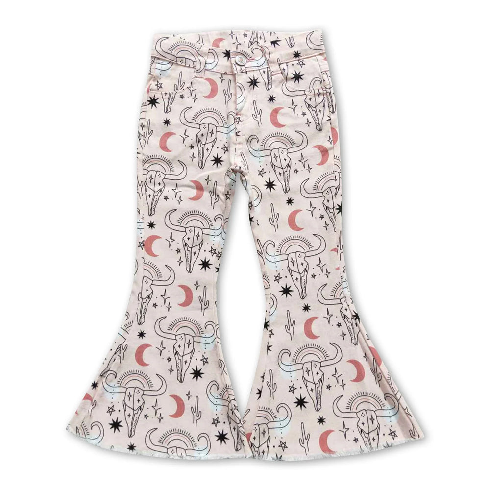 RTS NO MOQ Sibling Denim Baby Girls Western Casual Cowboy Print Bell Bottom Flare Pants