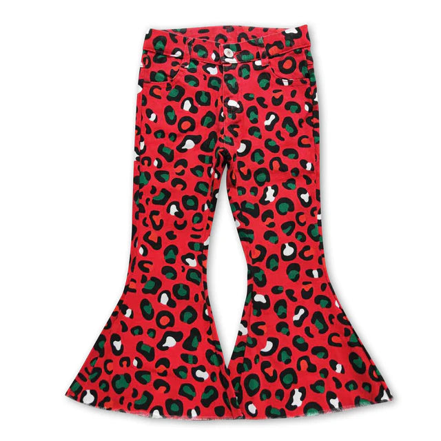 RTS NO MOQ Sibling milk silk  Baby Girls Leopard Camo Bell Bottom Denim Pants Jeans
