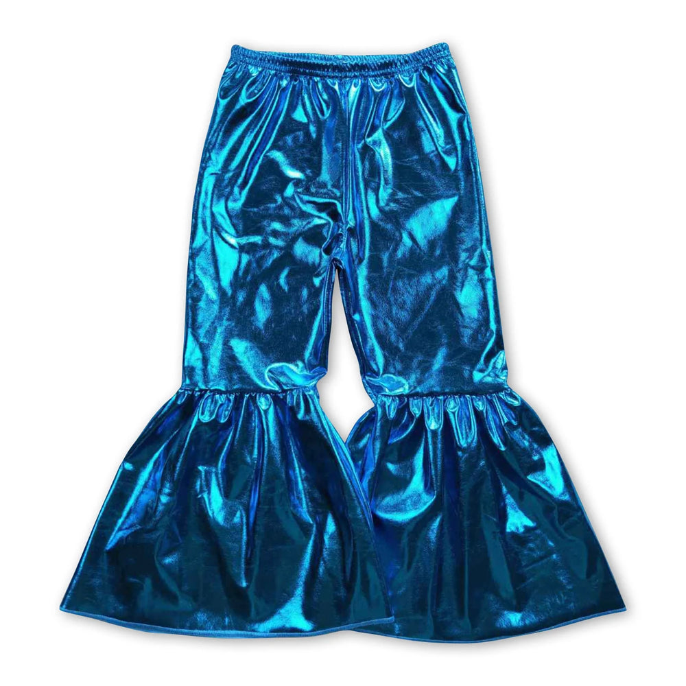 RTS NO MOQ Sibling cotton Baby Girls' Solid Color Holographic Spandex Bell Bottom Pants
