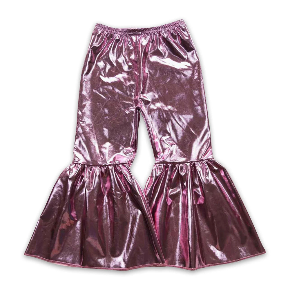 RTS NO MOQ Sibling cotton Baby Girls' Solid Color Holographic Spandex Bell Bottom Pants