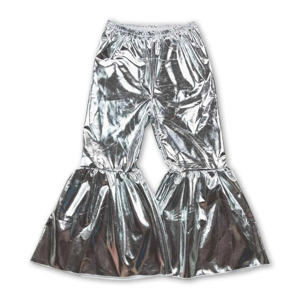 RTS NO MOQ Sibling cotton Baby Girls' Solid Color Holographic Spandex Bell Bottom Pants