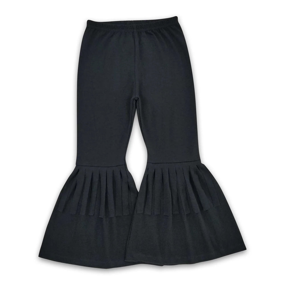 RTS NO MOQ Sibling cotton Baby Girls Solid Black Bell Bottom Flare Pants Elastic Waist Daily Casual Bottoms