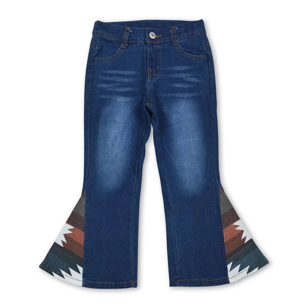 RTS NO MOQ Sibling Denim Baby Girls Western Spliced Denim Flare Pants