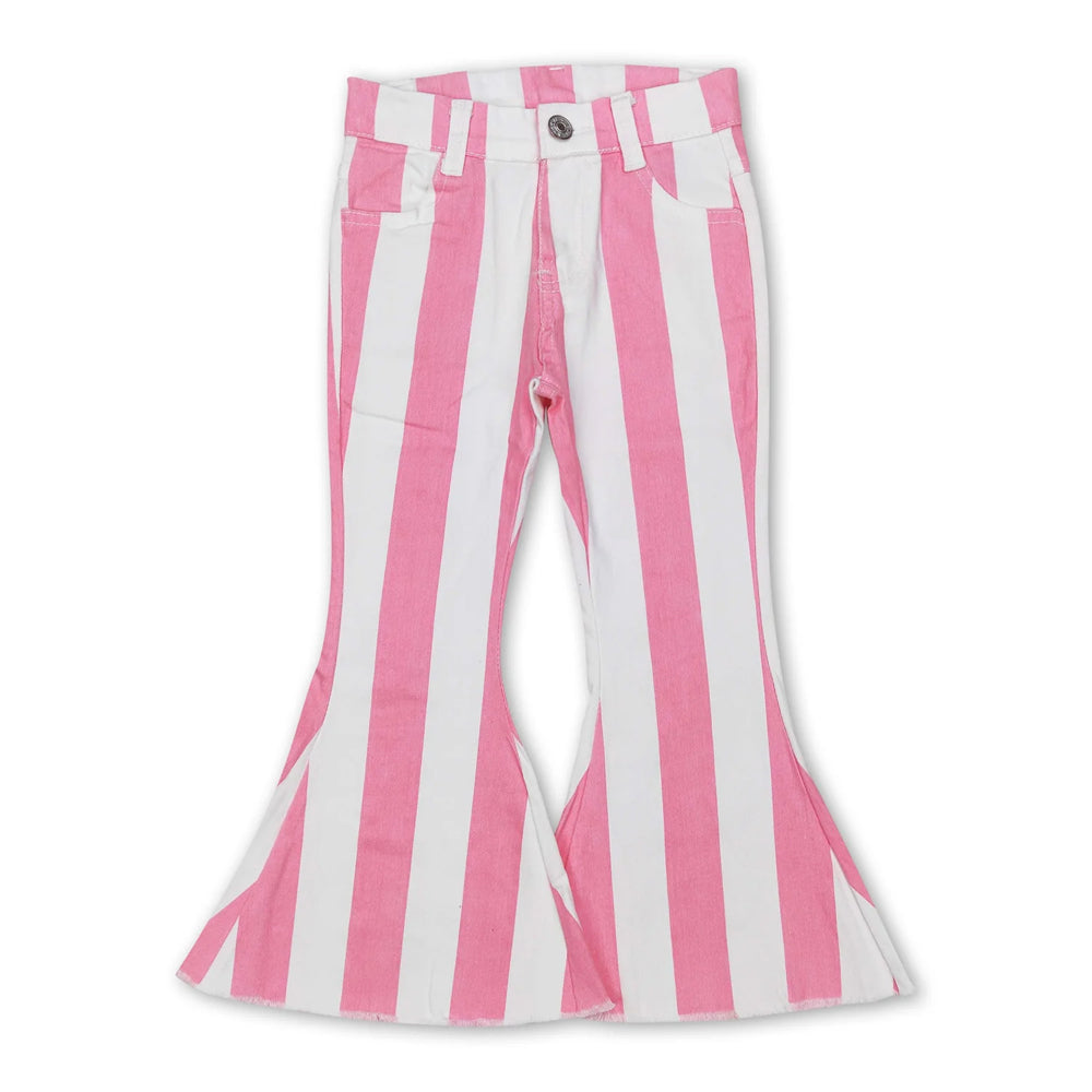 RTS NO MOQ Sibling Denim Baby Girls Stripe Casual Bell Bottom Denim Pocket Pants