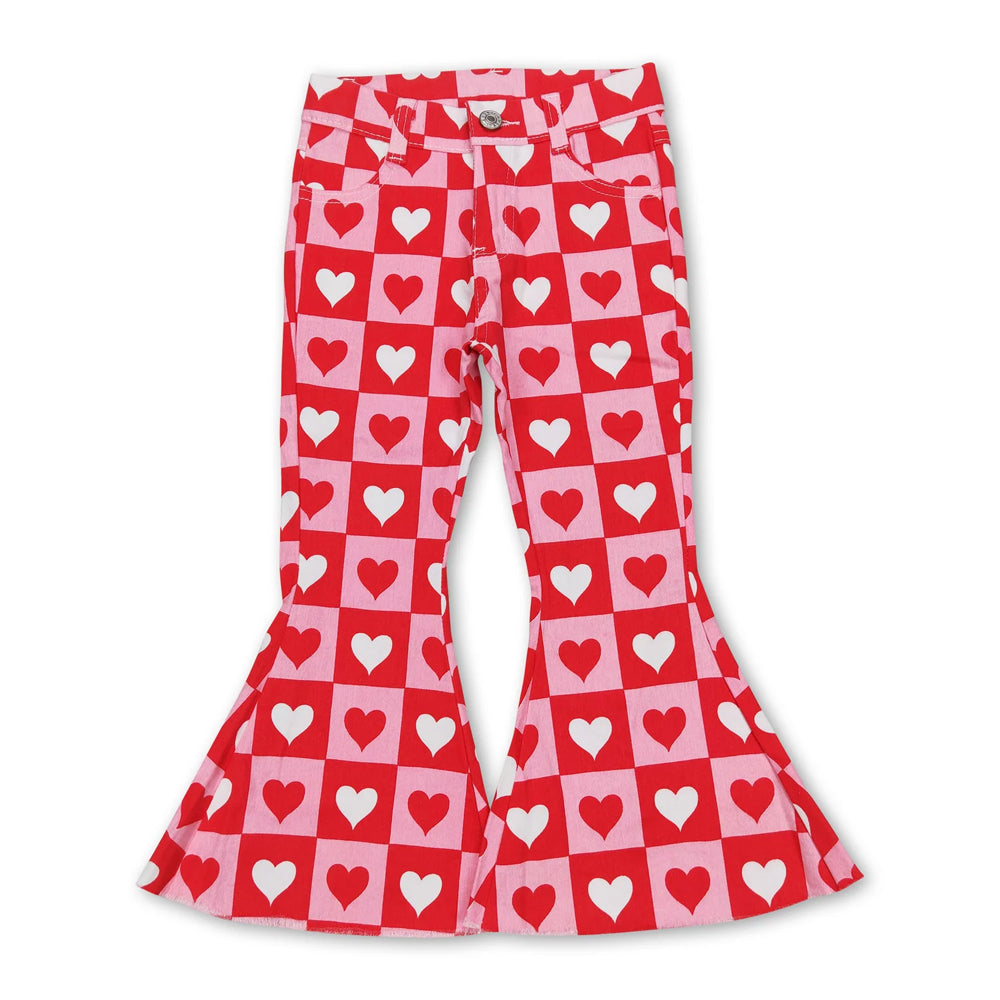 RTS NO MOQ Sibling Denim Baby Girls Checkerboard And Heart Print Flare Bell Bottom Denim Pants Button Pocket