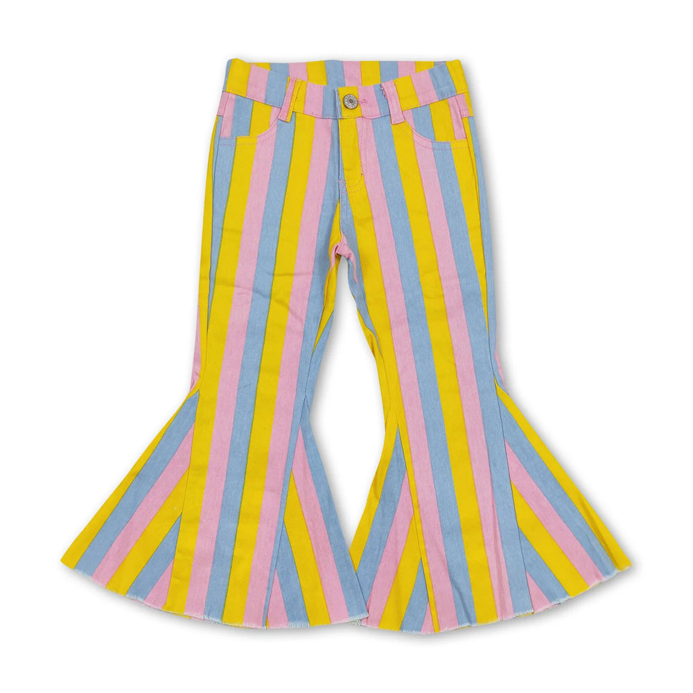 RTS NO MOQ Sibling Denim Baby Girls Casual Striped Bell Bottom Denim Trousers