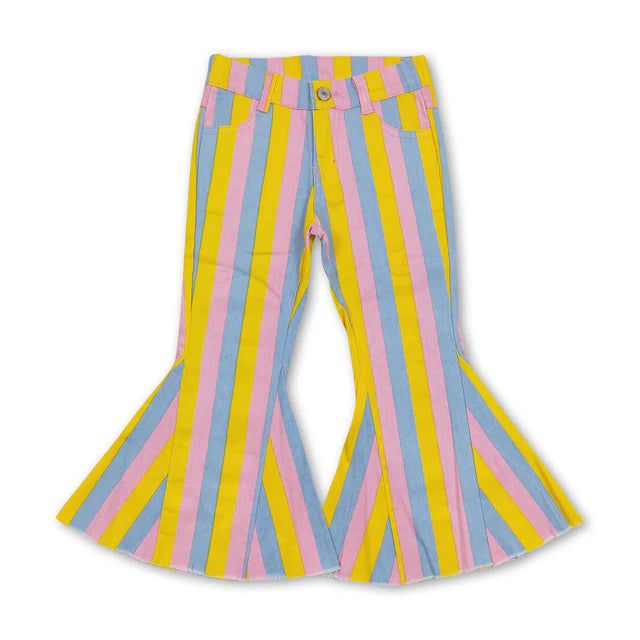 RTS NO MOQ Sibling Baby Girls Colorful Stripes Bell Bottom Denim Jeans Pants