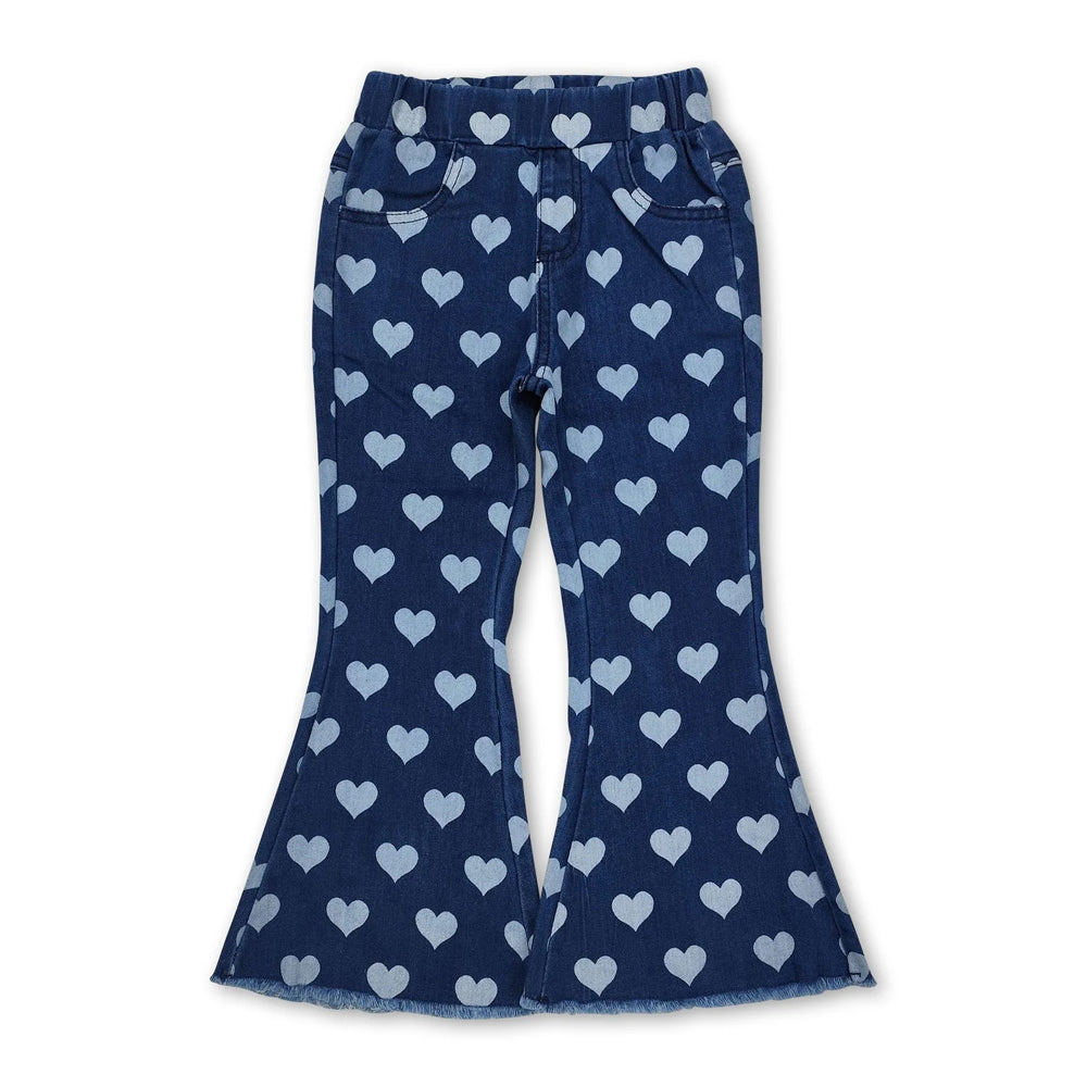 RTS NO MOQ Sibling Denim Baby Girls Heart And Star Print Denim Bell Bottom Flare Pants