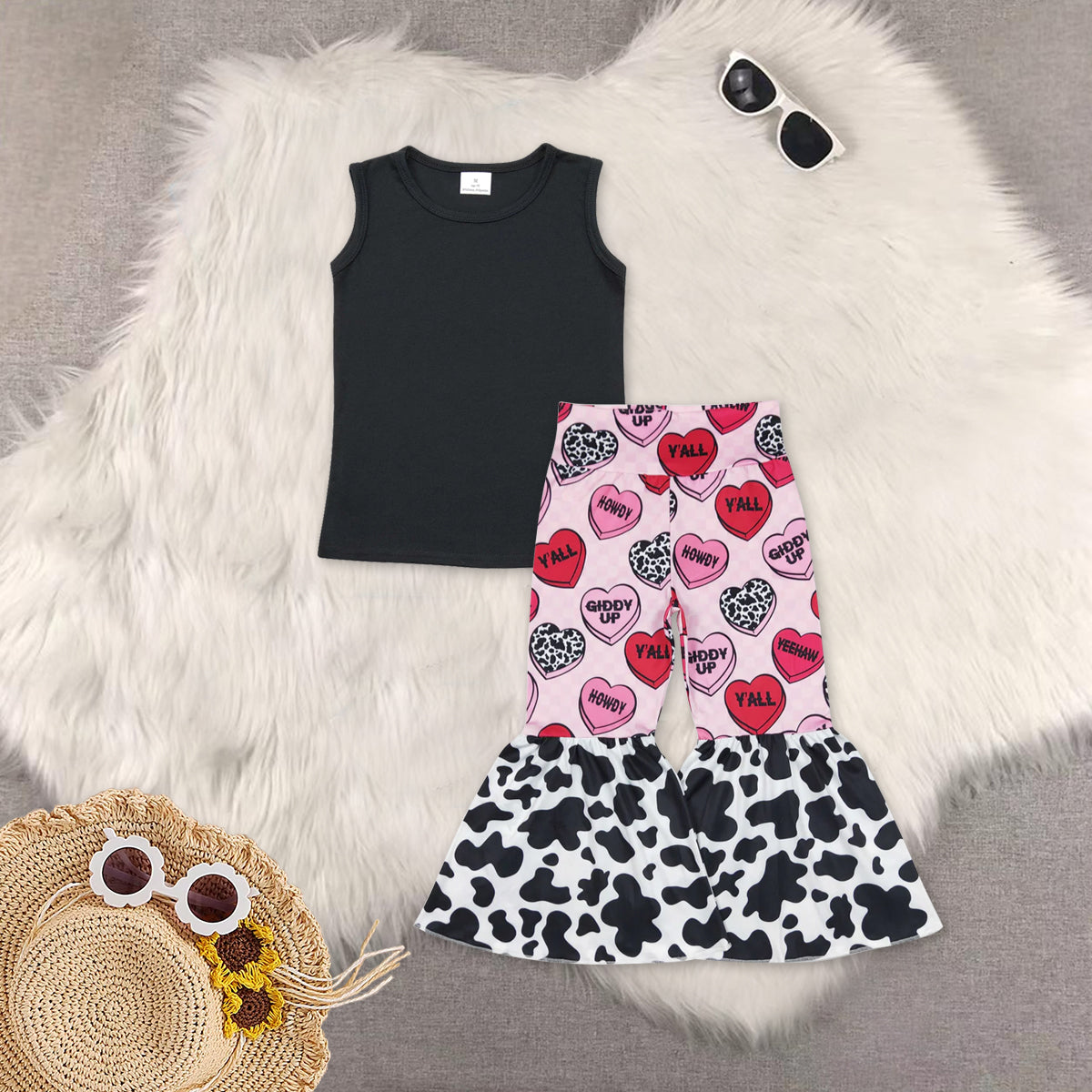 RTS NO MOQ Sibling baby Girls clothes balck sleeveless Pants Suit and top and pants