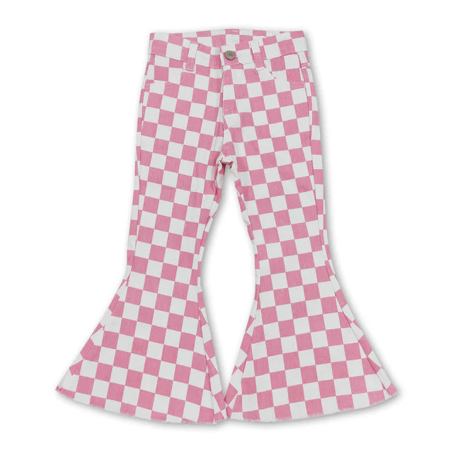 RTS NO MOQ Sibling Girls Boys Checkered Denim Adjustble Waistband Jeans Pants