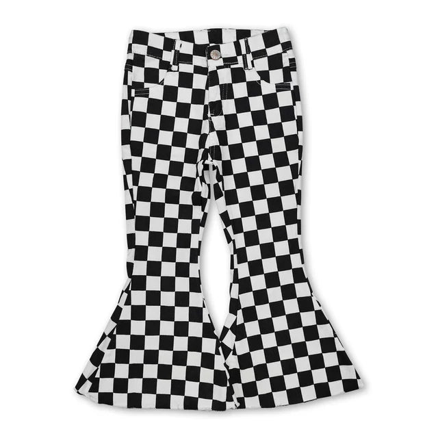 RTS NO MOQ Sibling Girls Boys Checkered Denim Adjustble Waistband Jeans Pants