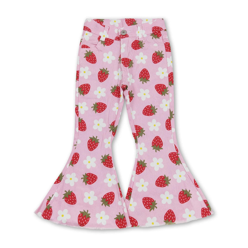 RTS NO MOQ Sibling Denim Baby Girls Pink Strawberry Horse And Bow Print Bell Bottom Flare Pants