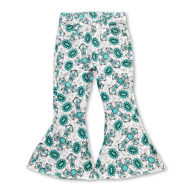 RTS NO MOQ Sibling milk silk  Baby Girls Leopard Camo Bell Bottom Denim Pants Jeans
