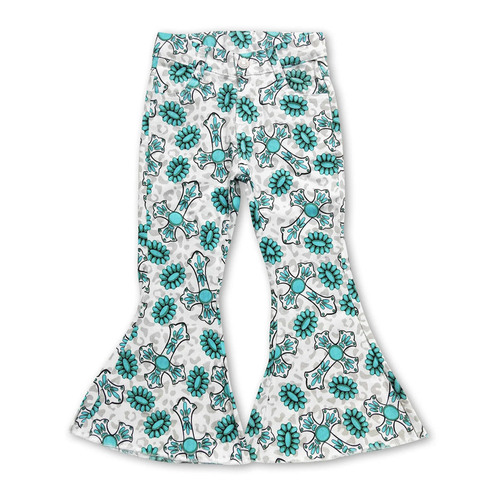 RTS NO MOQ Sibling Denim Baby Girls Western Turquoise Casual Bell Bottom Denim Pants