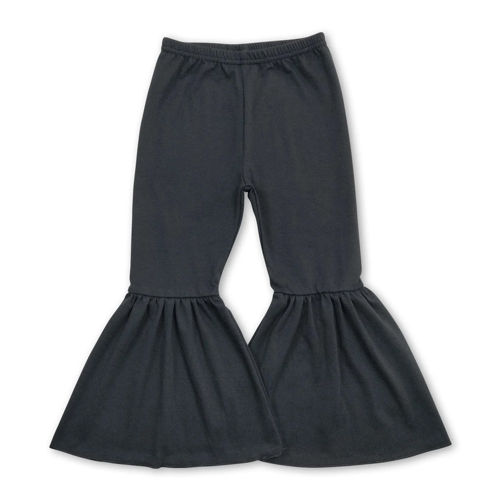 RTS NO MOQ Sibling cotton Baby Girls Solid Black Bell Bottom Flare Pants Elastic Waist Daily Casual Bottoms