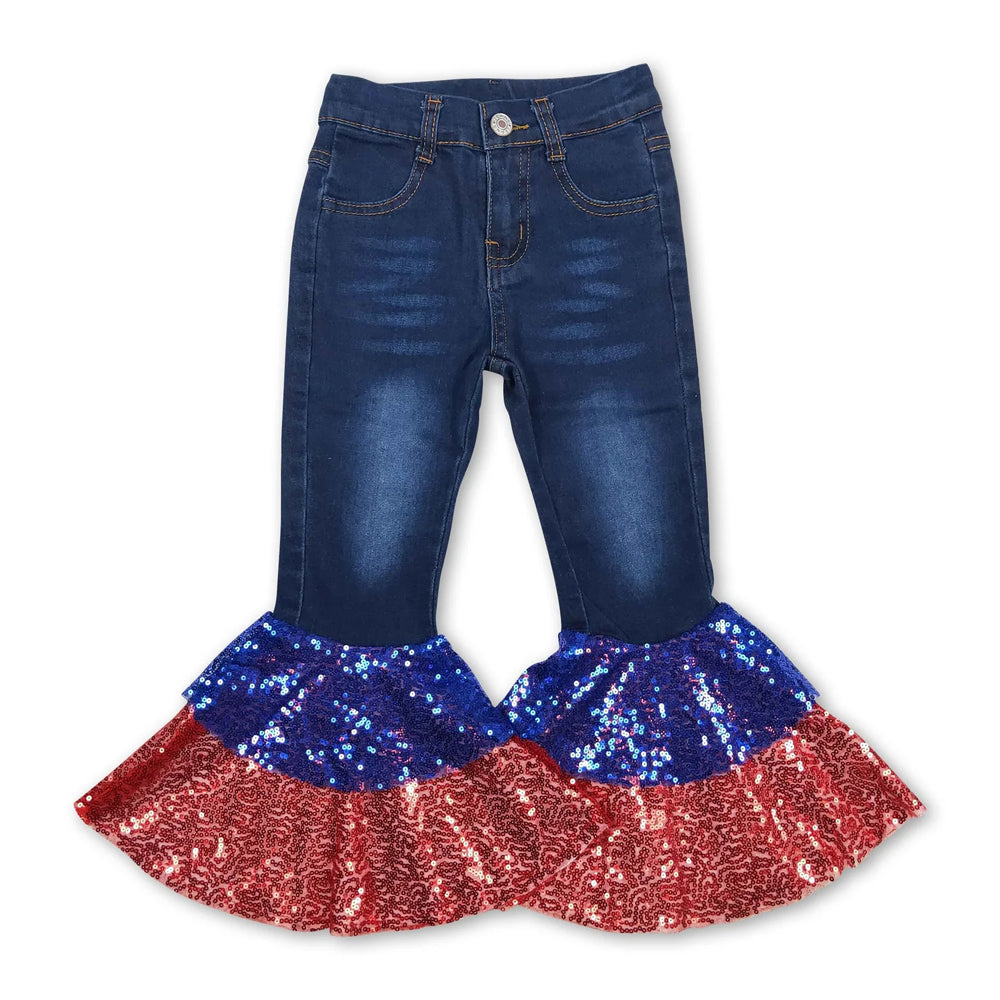 RTS NO MOQ Sibling Denim Baby Girls Denim Bell Bottom Jeans Colorful Sequin Patch Flare Hem