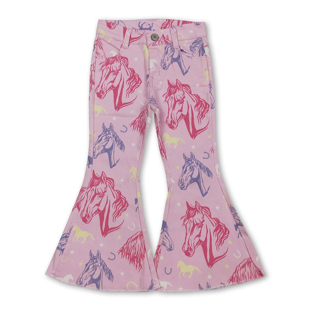 RTS NO MOQ Sibling Denim Baby Girls Pink Strawberry Horse And Bow Print Bell Bottom Flare Pants