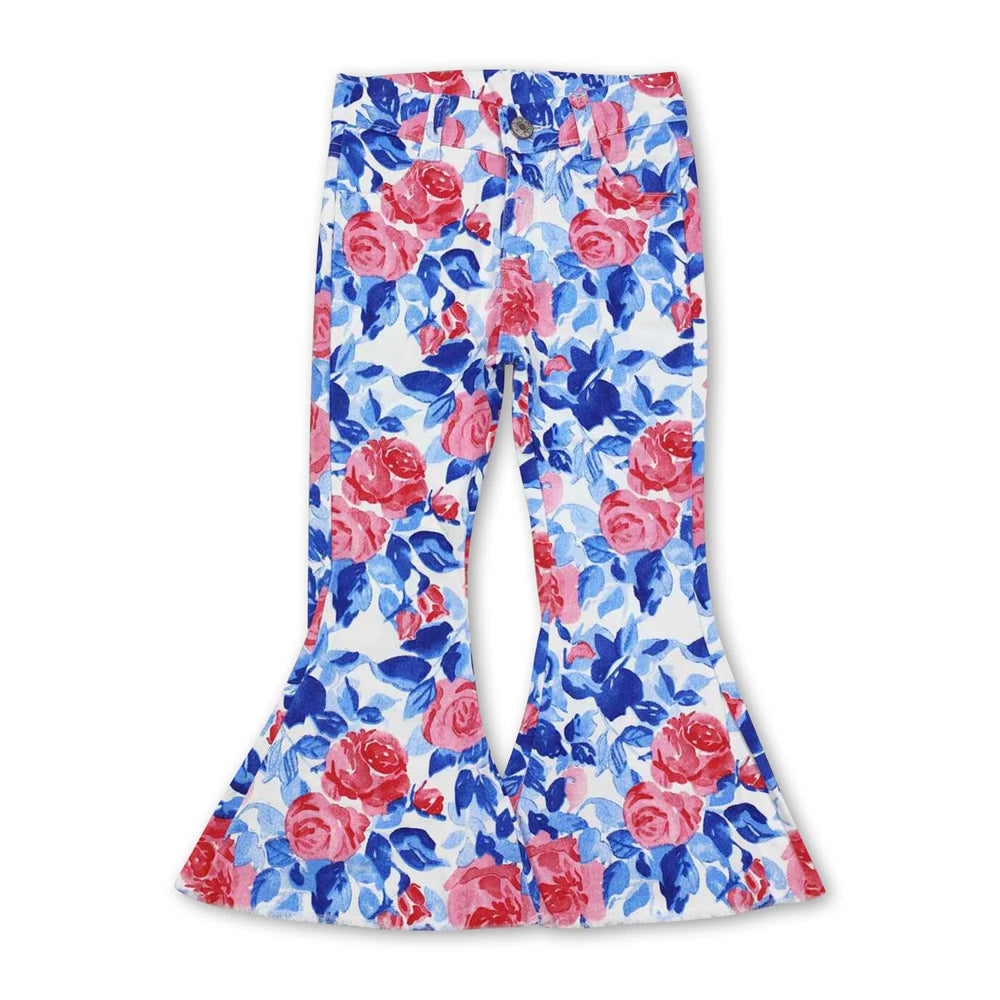 RTS NO MOQ Sibling Denim Baby Girls Leopard Floral And Pumpkin Print Bell Bottom Flare Pants