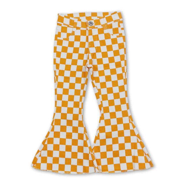 RTS NO MOQ Sibling Girls Boys Checkered Denim Adjustble Waistband Jeans Pants